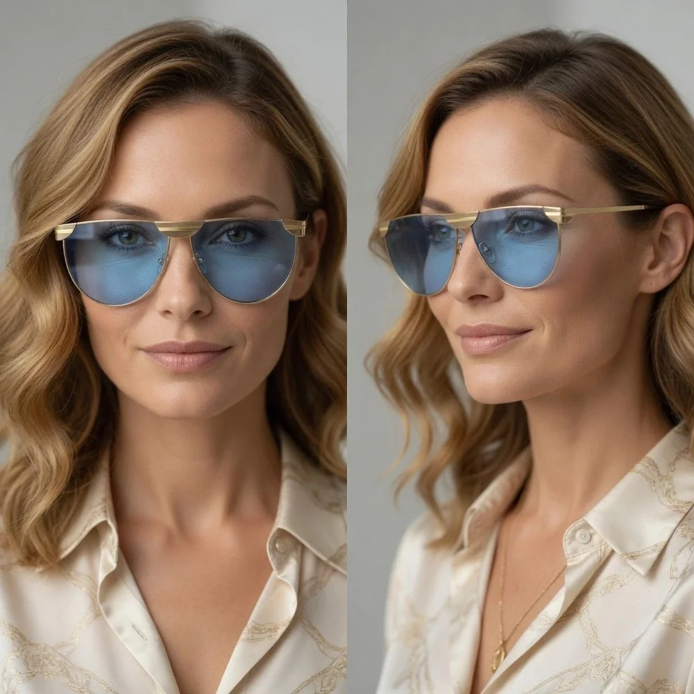 Womens‎ Oversized Sunglasses Gold Metal Frame Blue Tinted Lens Shield Lentes New